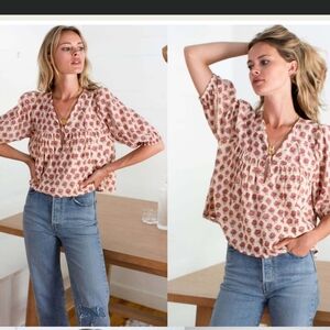 Emerson Fry India Collection Isla Puff Sleeve Floral Blouse 100% Organic Cotton